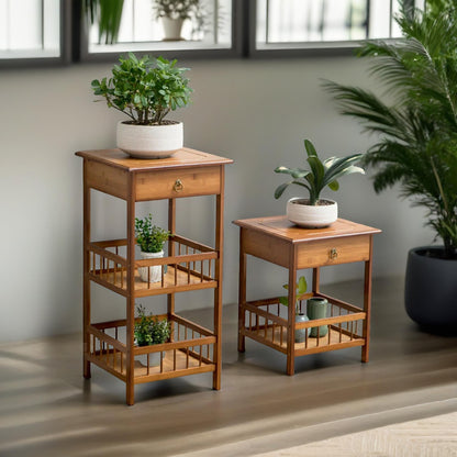 2 Tier Wooden Side Table With Drawer