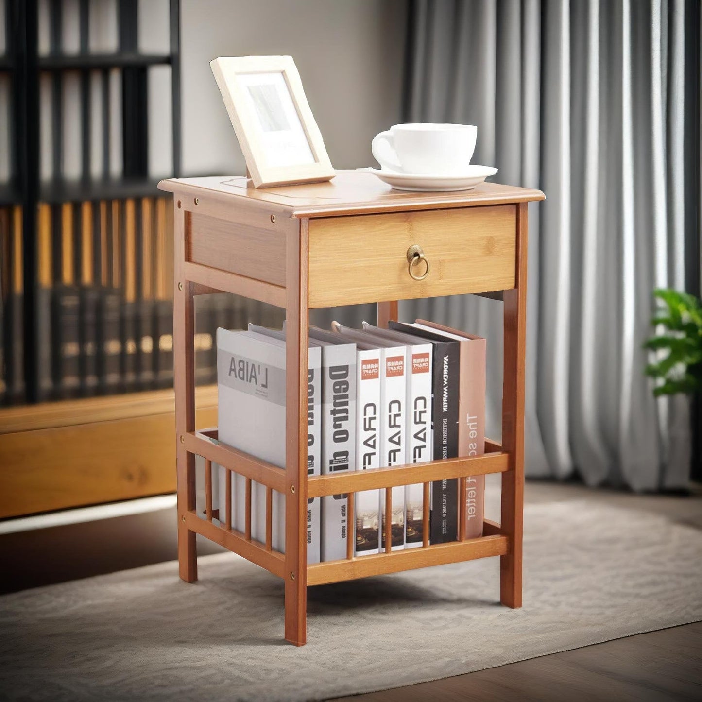 2 Tier Wooden Side Table With Drawer