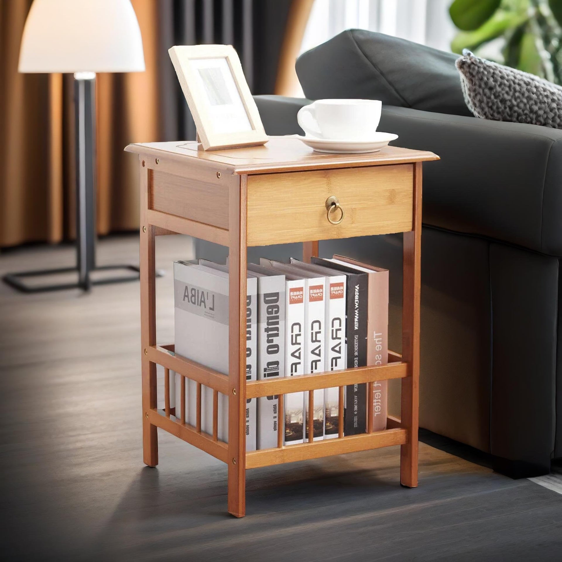 2 Tier Wooden Side Table With Drawer