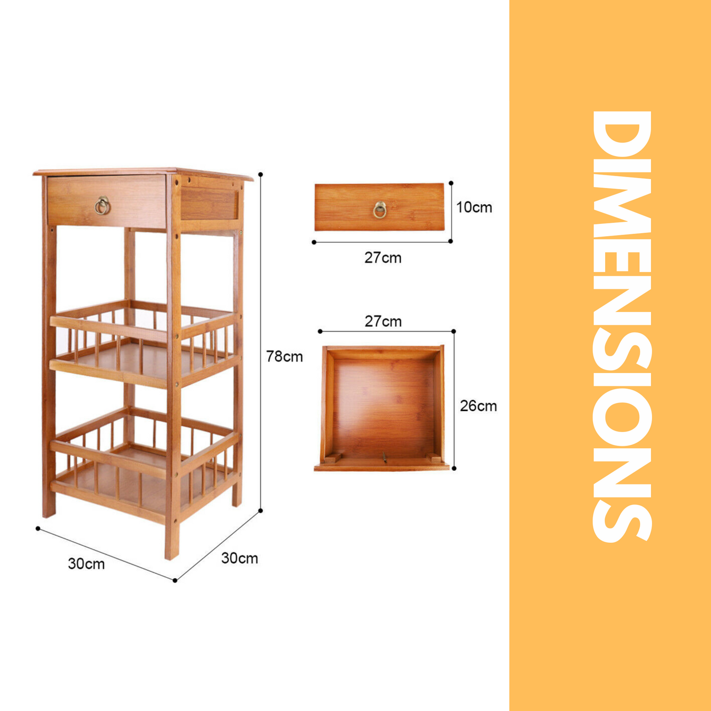 3 Tier Wooden Tall Side Table With Drawer