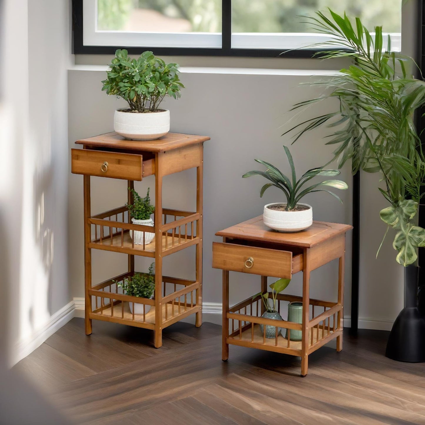 3 Tier Wooden Tall Side Table With Drawer