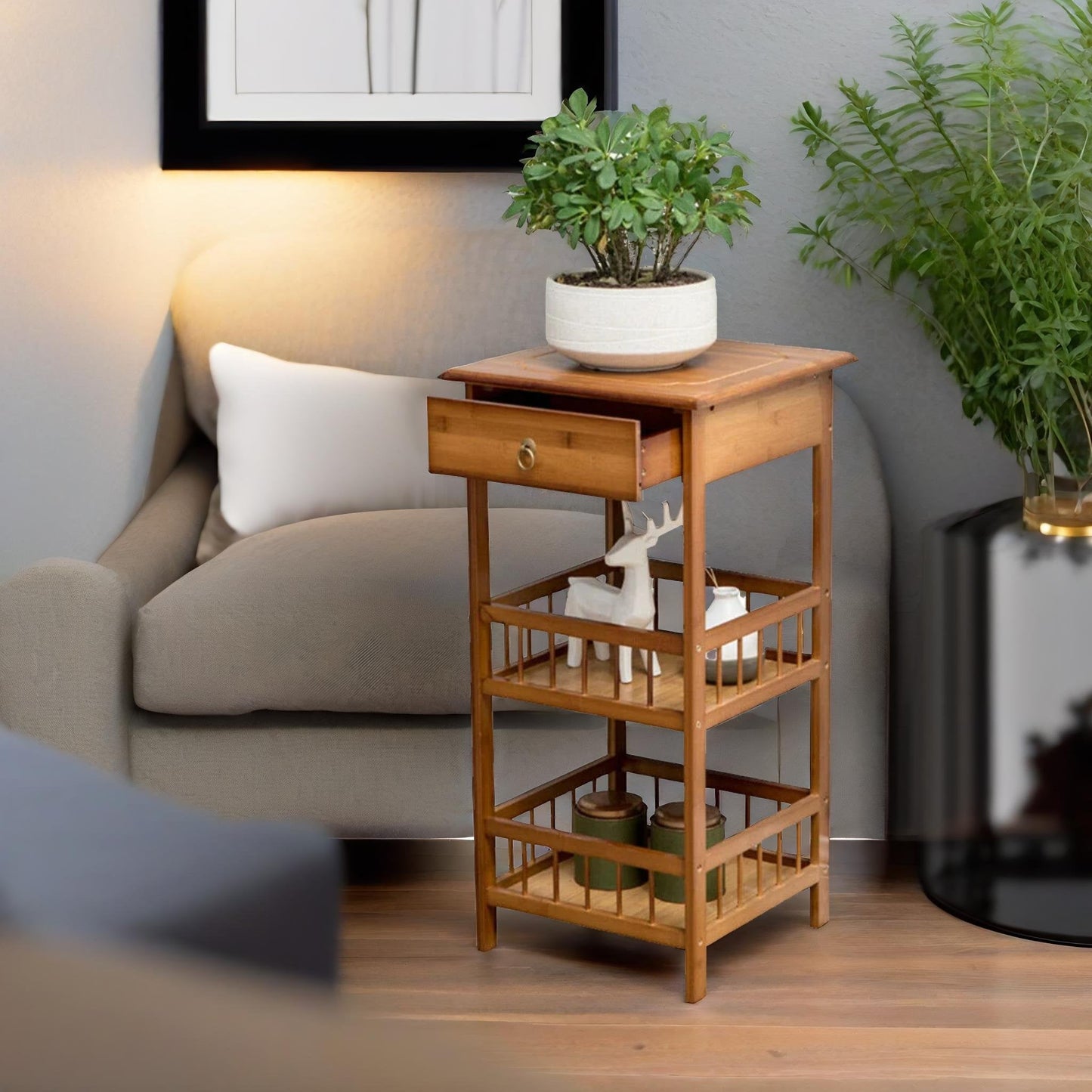 3 Tier Wooden Tall Side Table With Drawer