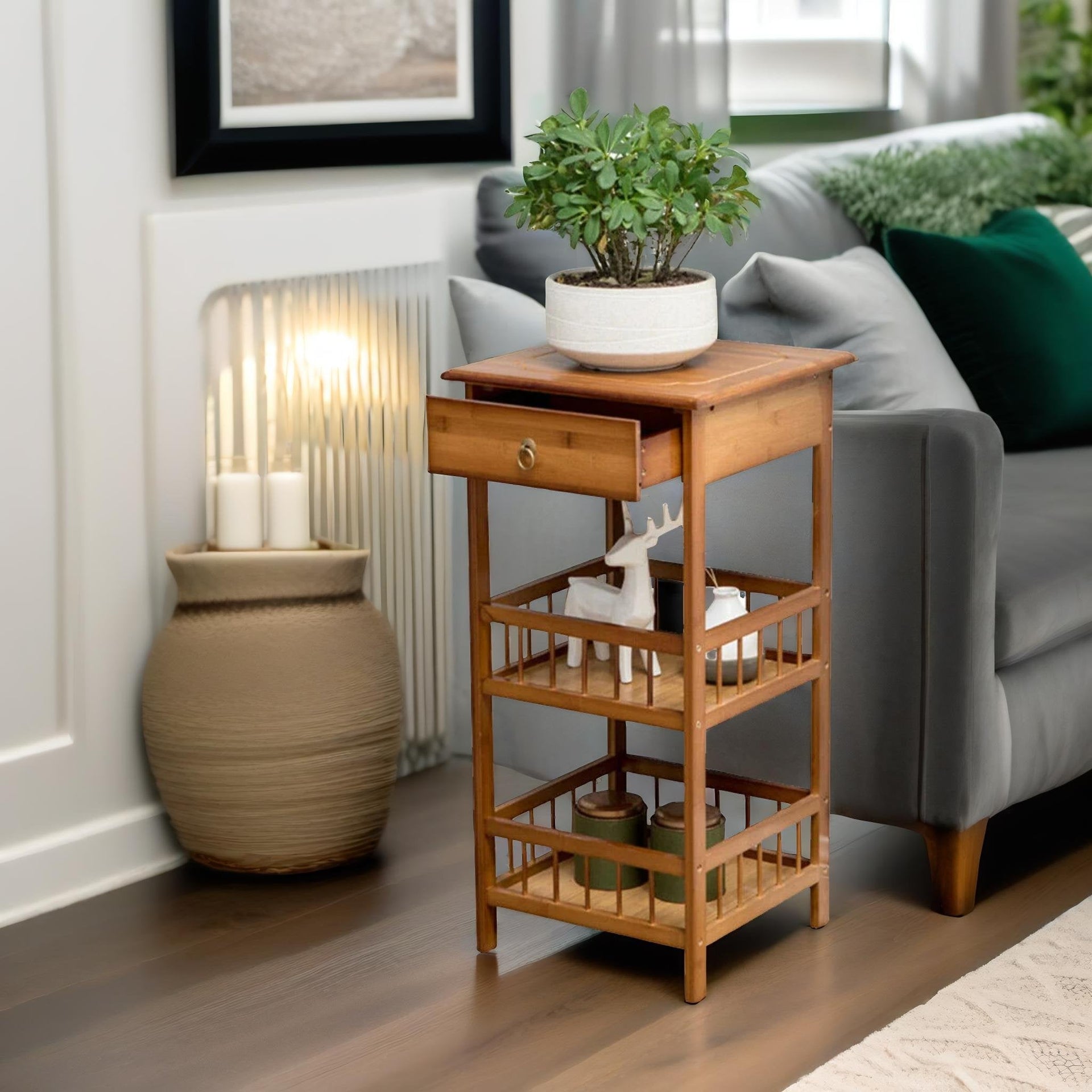 3 Tier Wooden Tall Side Table With Drawer