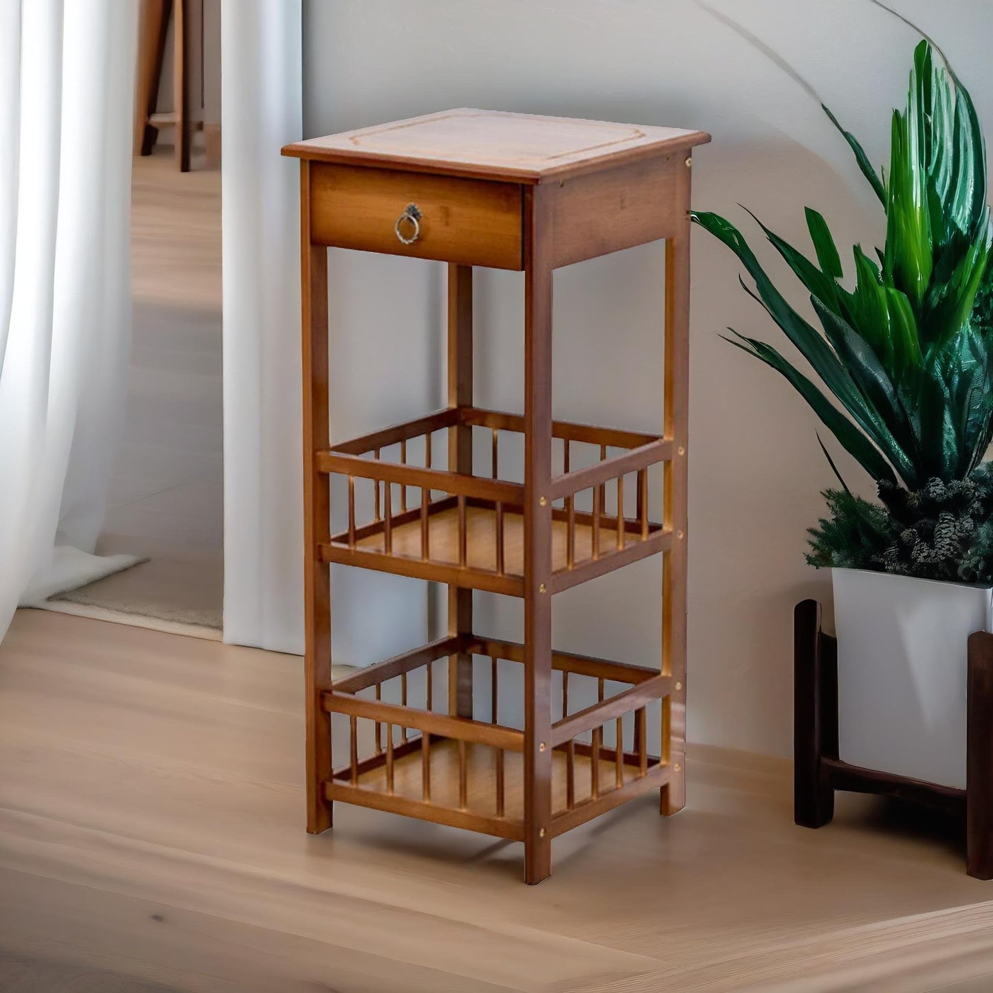 3 Tier Wooden Tall Side Table With Drawer