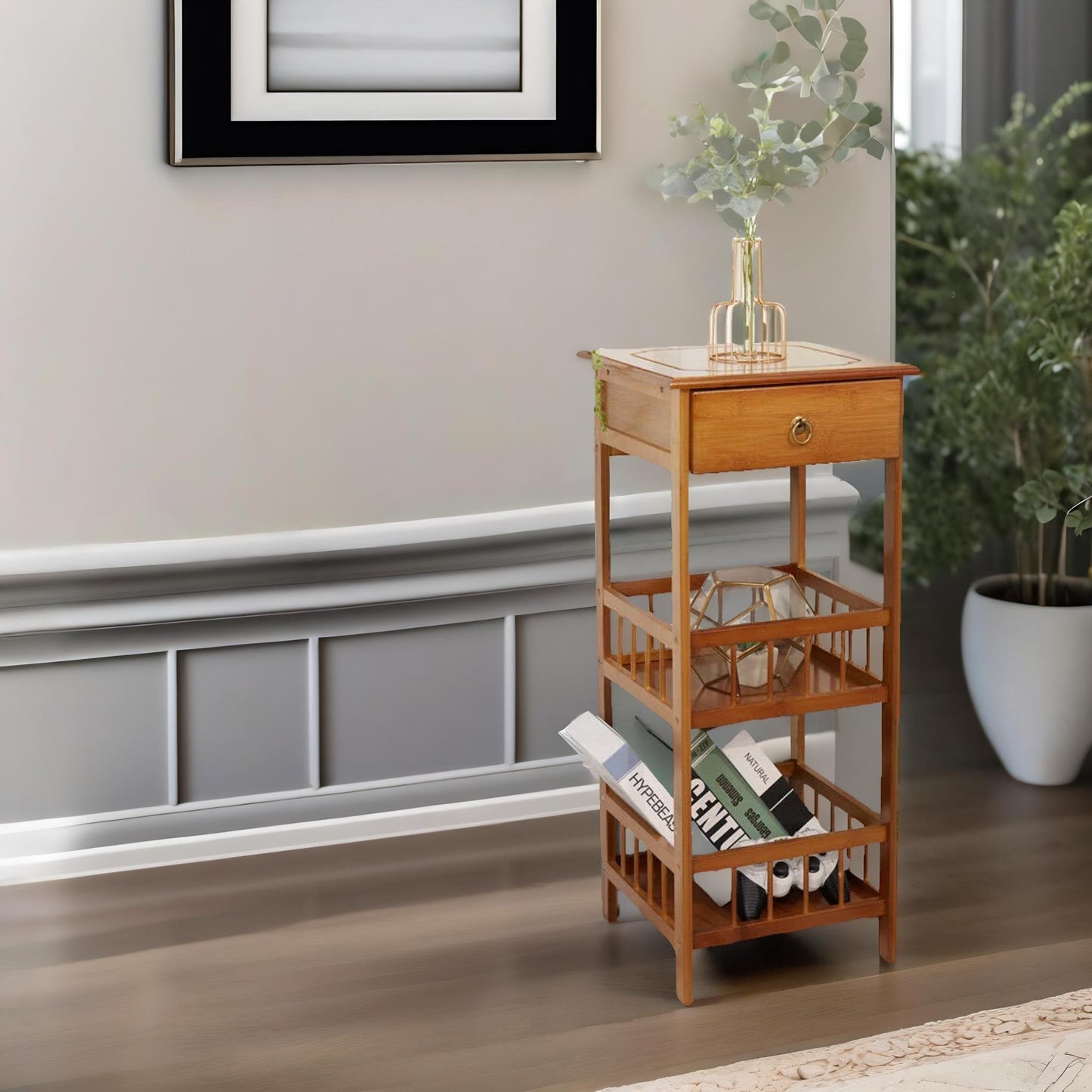 3 Tier Wooden Tall Side Table With Drawer