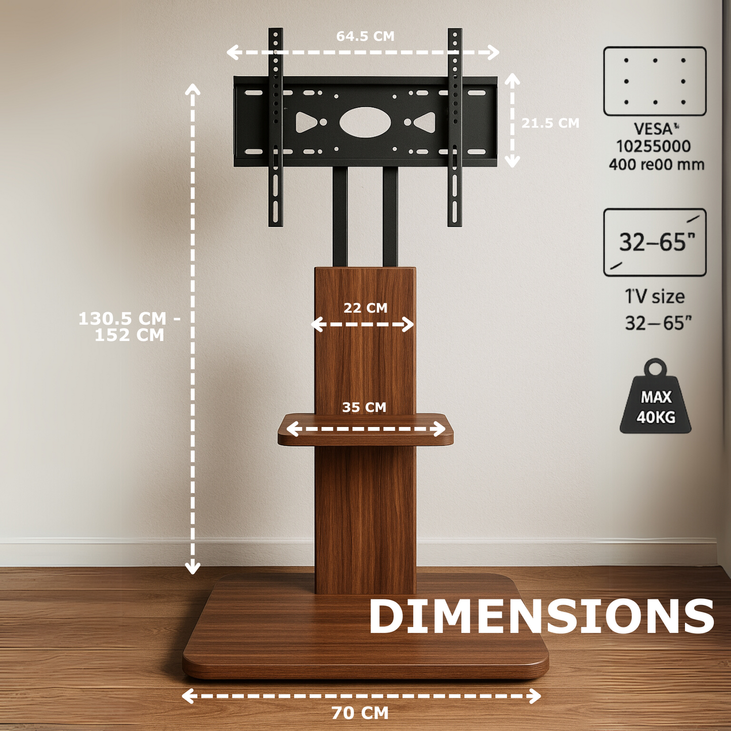 2 Tier Adjustable TV Floor Stand With 2 Shelves