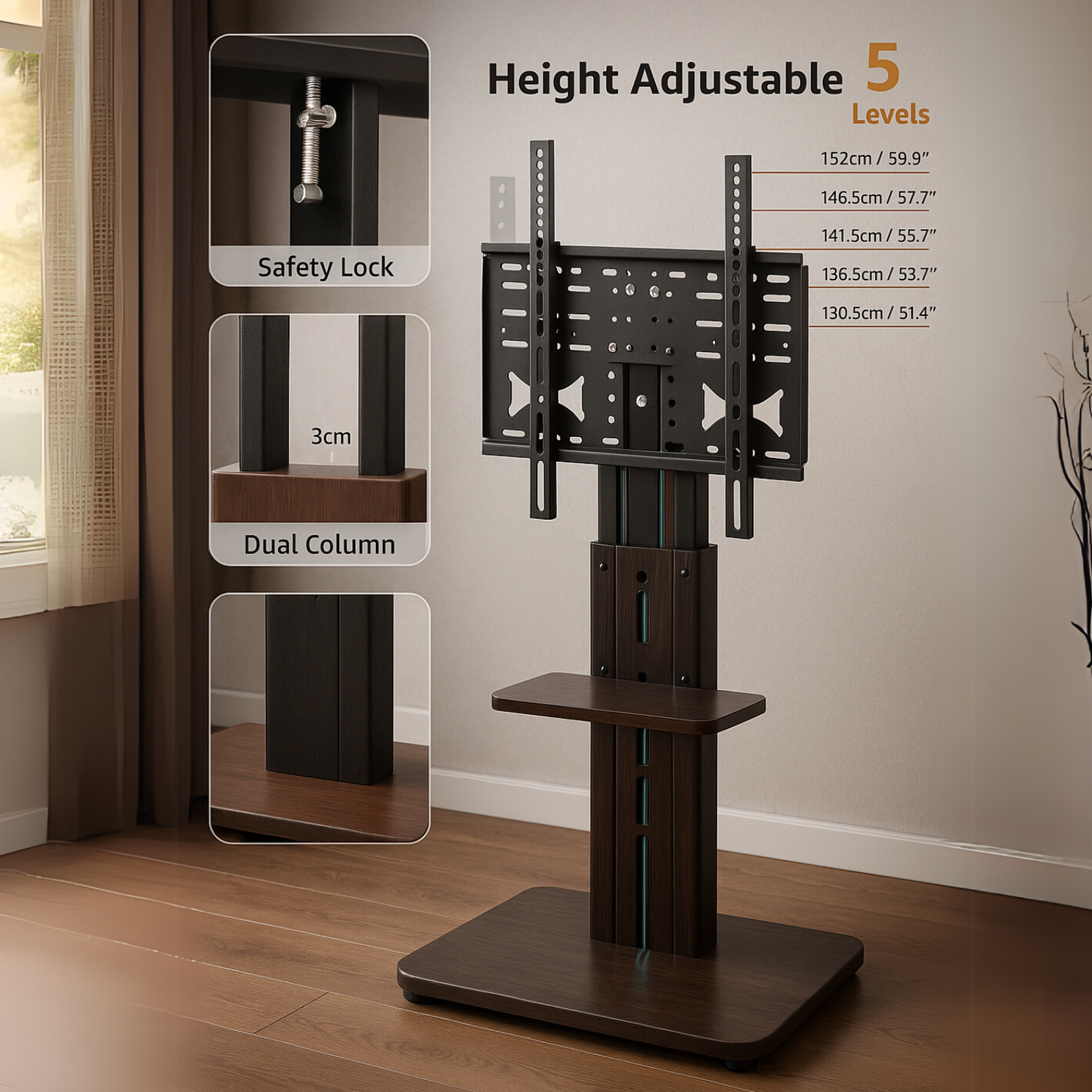 2 Tier Adjustable TV Floor Stand With 2 Shelves