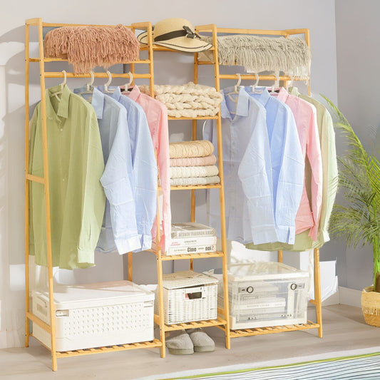 Large Wooden Clothes Rack With Storage Shoe Cabinet Brown