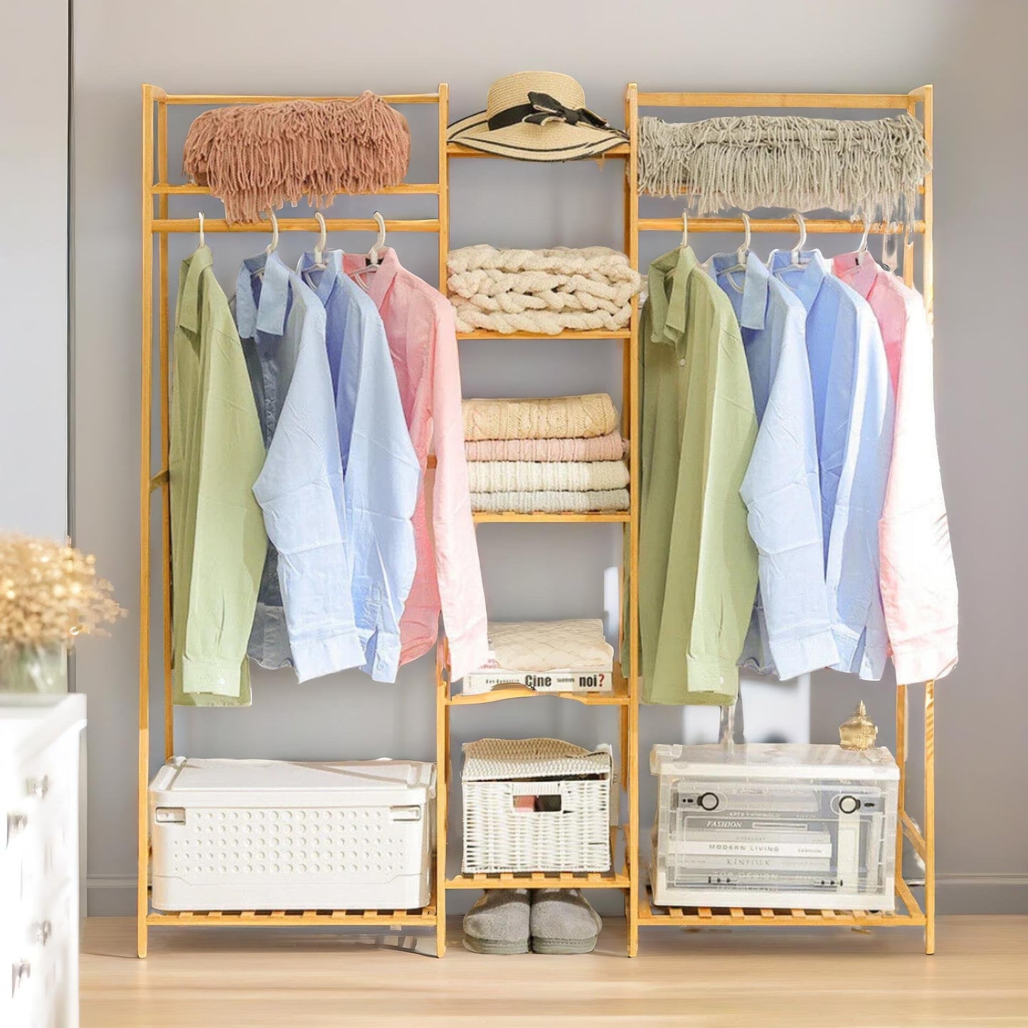 Large Wooden Clothes Rack With Storage Shoe Cabinet Brown