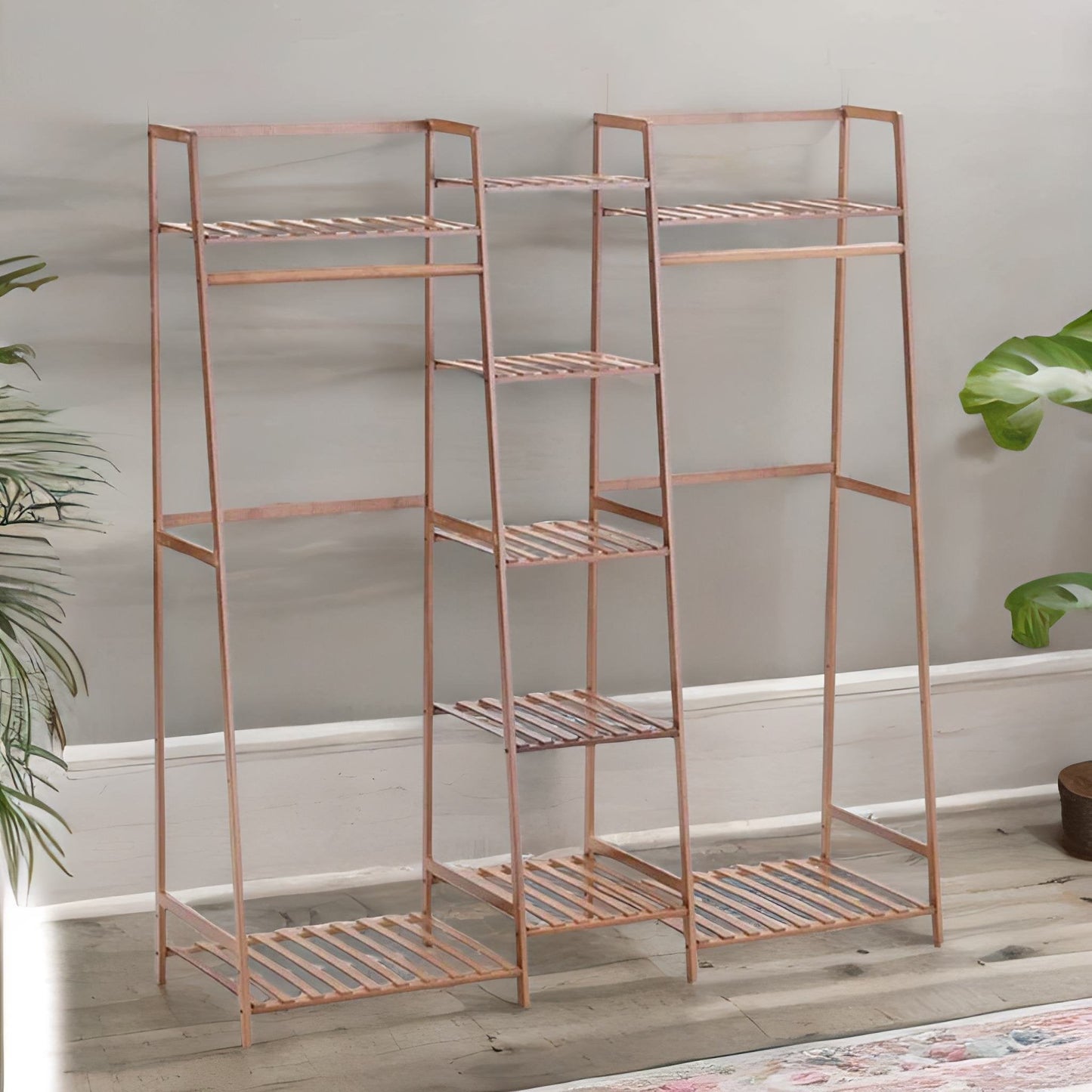 Large Wooden Open Wardrobe Garment Rail With Storage Shelves Natural