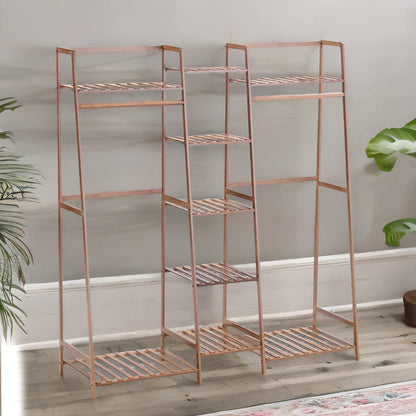 Large Wooden Open Wardrobe Garment Rail With Storage Shelves Natural