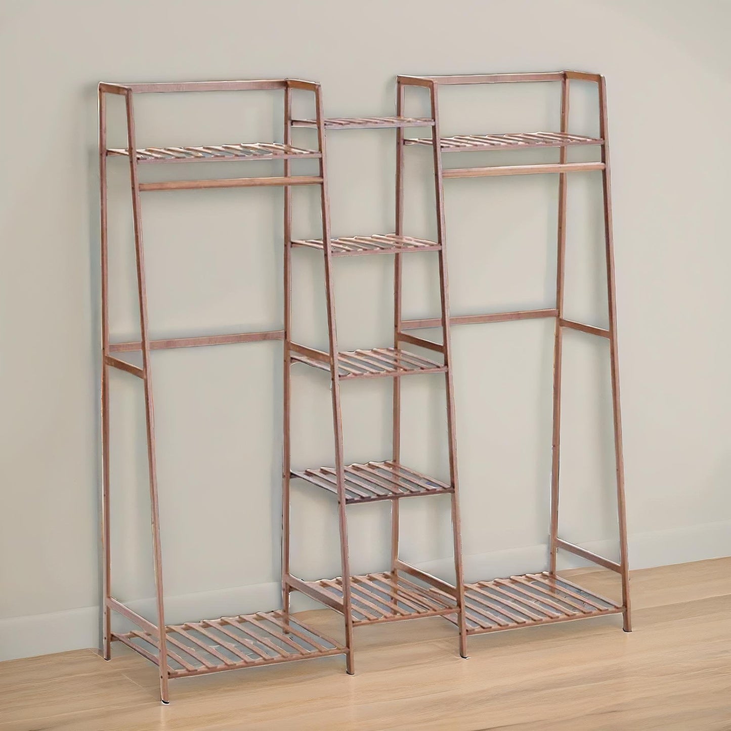 Large Wooden Open Wardrobe Garment Rail With Storage Shelves Natural