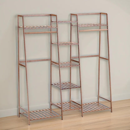 Large Wooden Open Wardrobe Garment Rail With Storage Shelves Natural