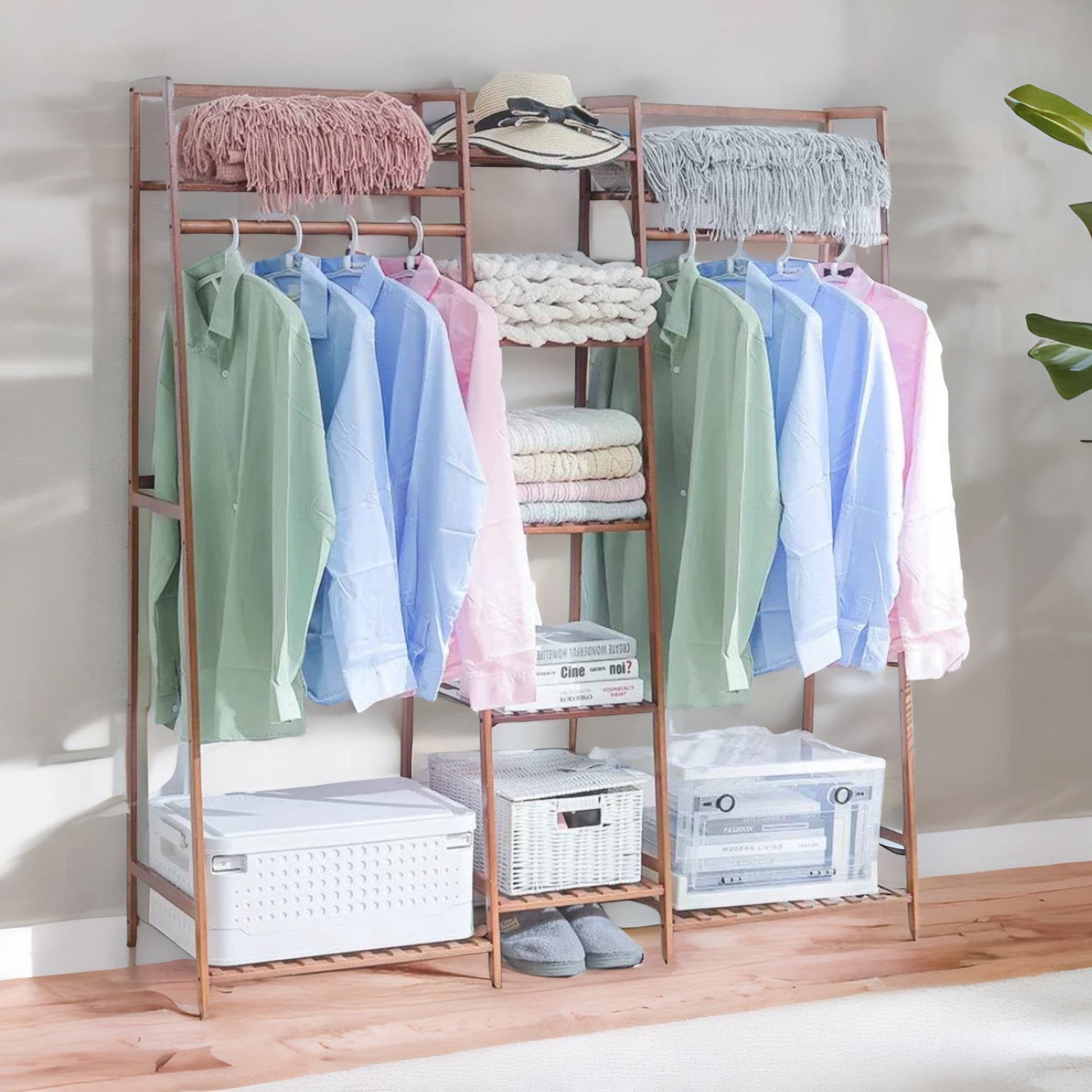 Large Wooden Open Wardrobe Garment Rail With Storage Shelves Natural