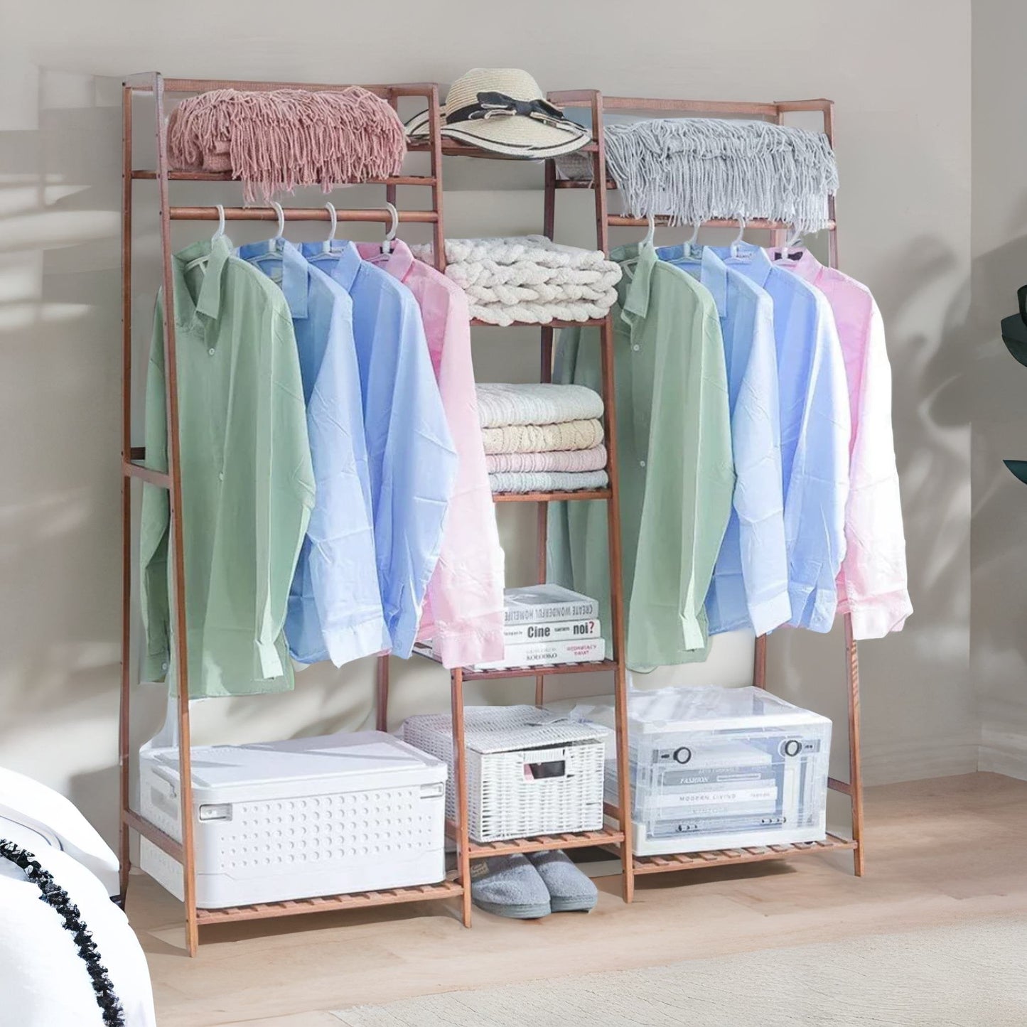 Large Wooden Open Wardrobe Garment Rail With Storage Shelves Natural
