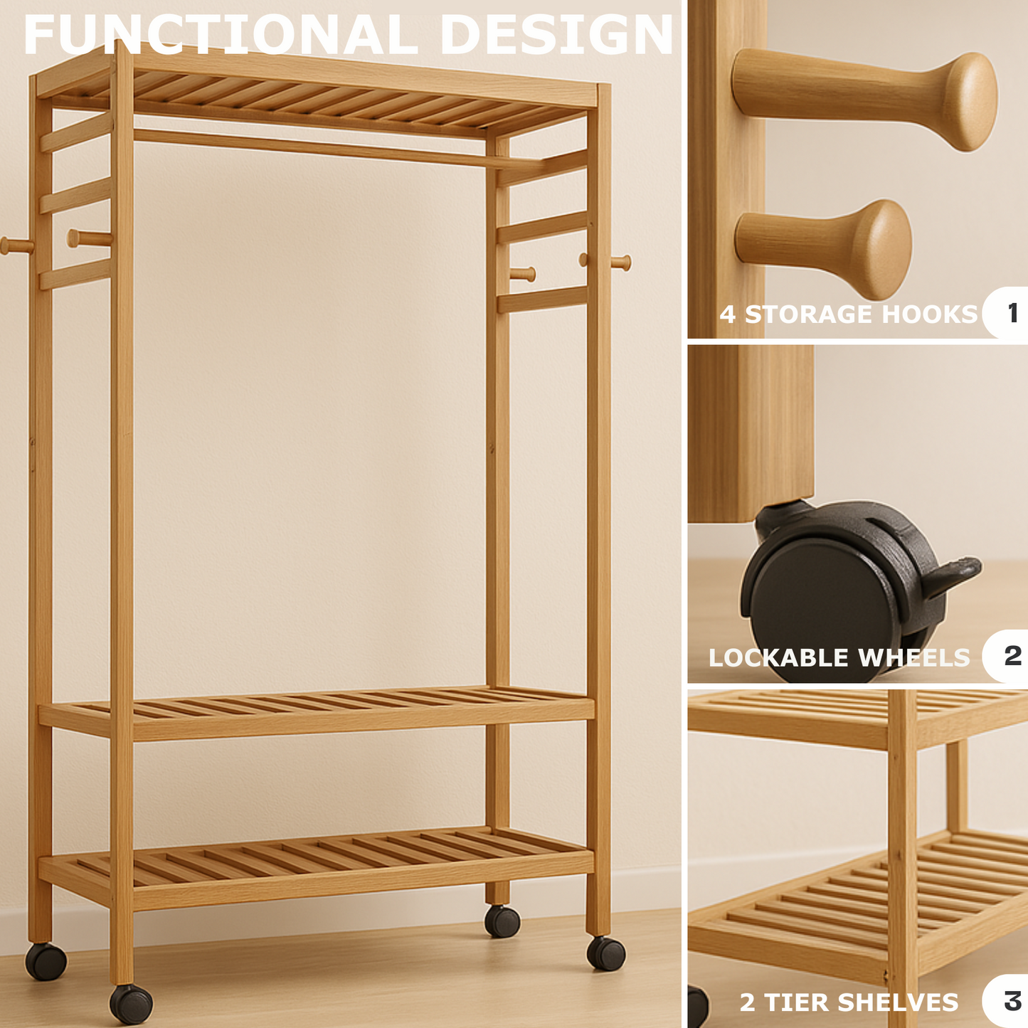 Wooden Clothes Rack | Portable Open Wardrobe with Shoe Storage