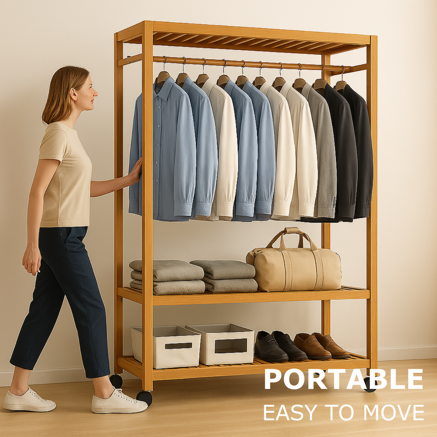Wooden Clothes Rack | Portable Open Wardrobe with Shoe Storage