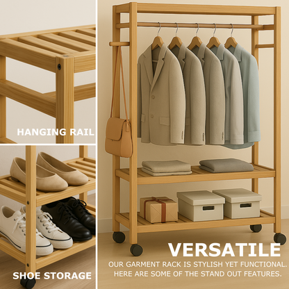 Wooden Clothes Rack | Portable Open Wardrobe with Shoe Storage
