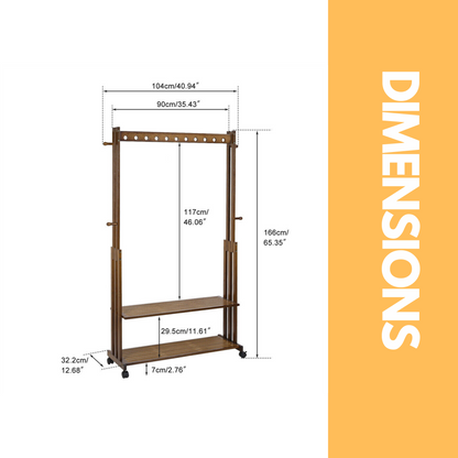 Wooden Clothes Rail With Shelves & Wheels Walnut Brown