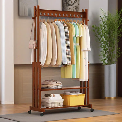 Wooden Clothes Rail With Shelves & Wheels Walnut Brown