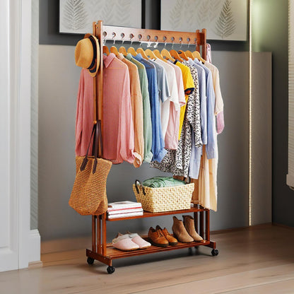 Wooden Clothes Rail With Shelves & Wheels Walnut Brown