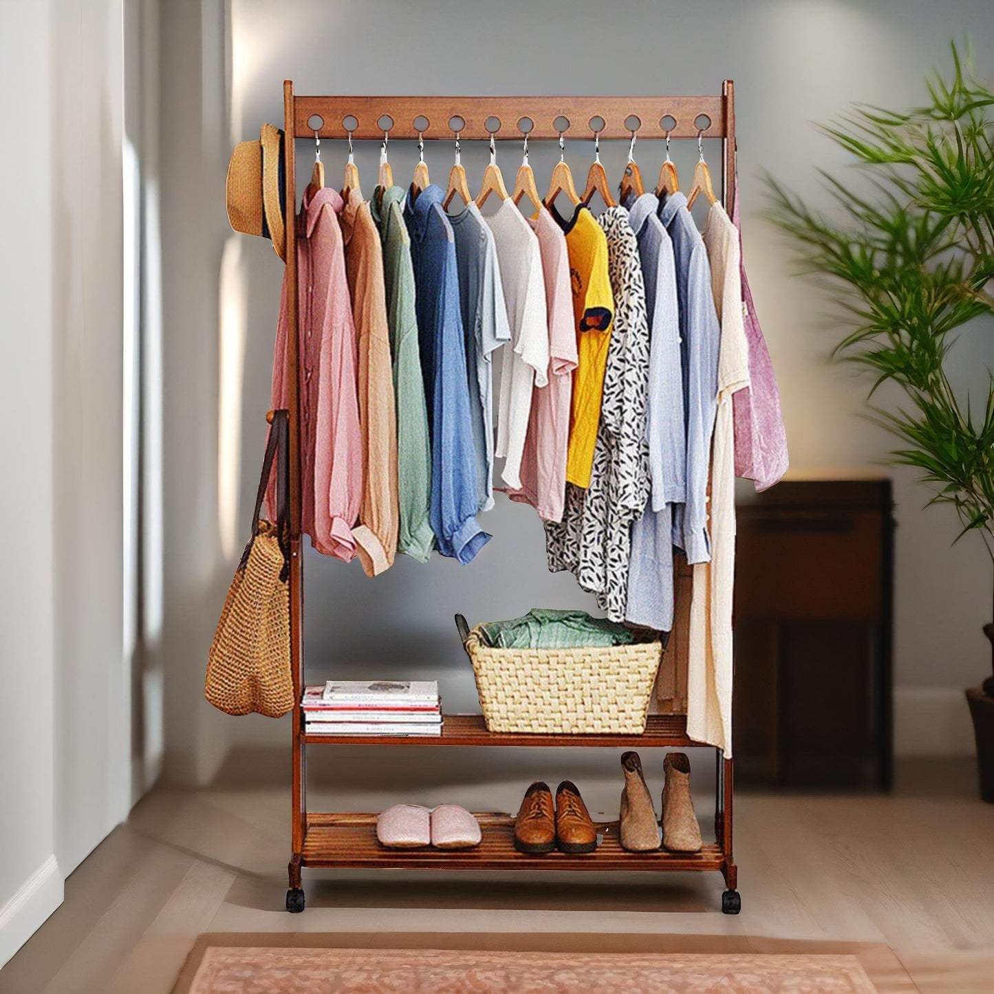 Wooden Clothes Rail With Shelves & Wheels Walnut Brown