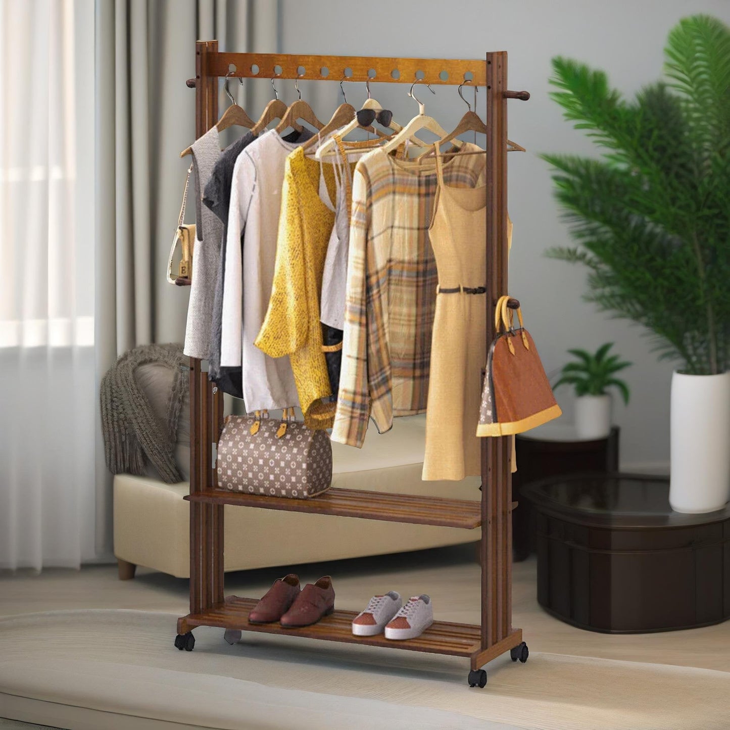 Wooden Clothes Rail With Shelves & Wheels Walnut Brown