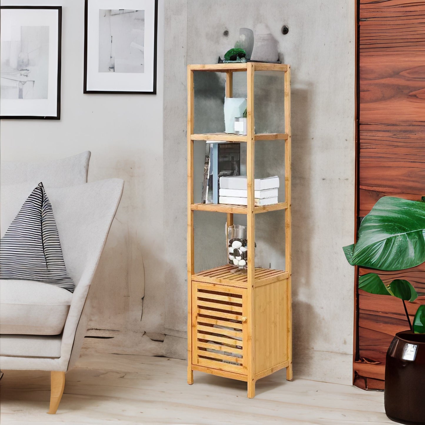 Tall Bathroom Storage Cupboard With 3 Shelves Natural Brown
