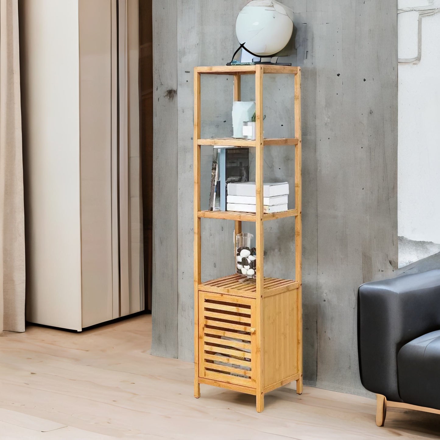 Tall Bathroom Storage Cupboard With 3 Shelves Natural Brown