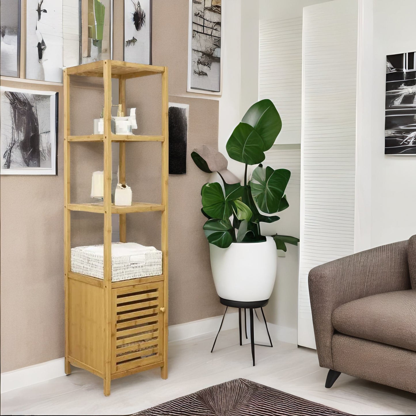 Tall Bathroom Storage Cupboard With 3 Shelves Natural Brown