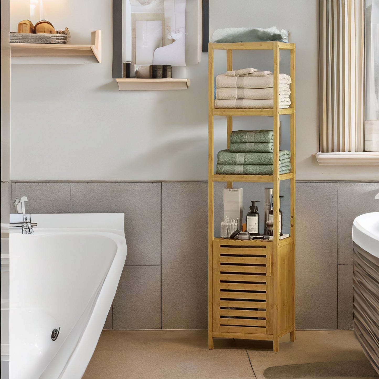 Tall Bathroom Storage Cupboard With 3 Shelves Natural Brown