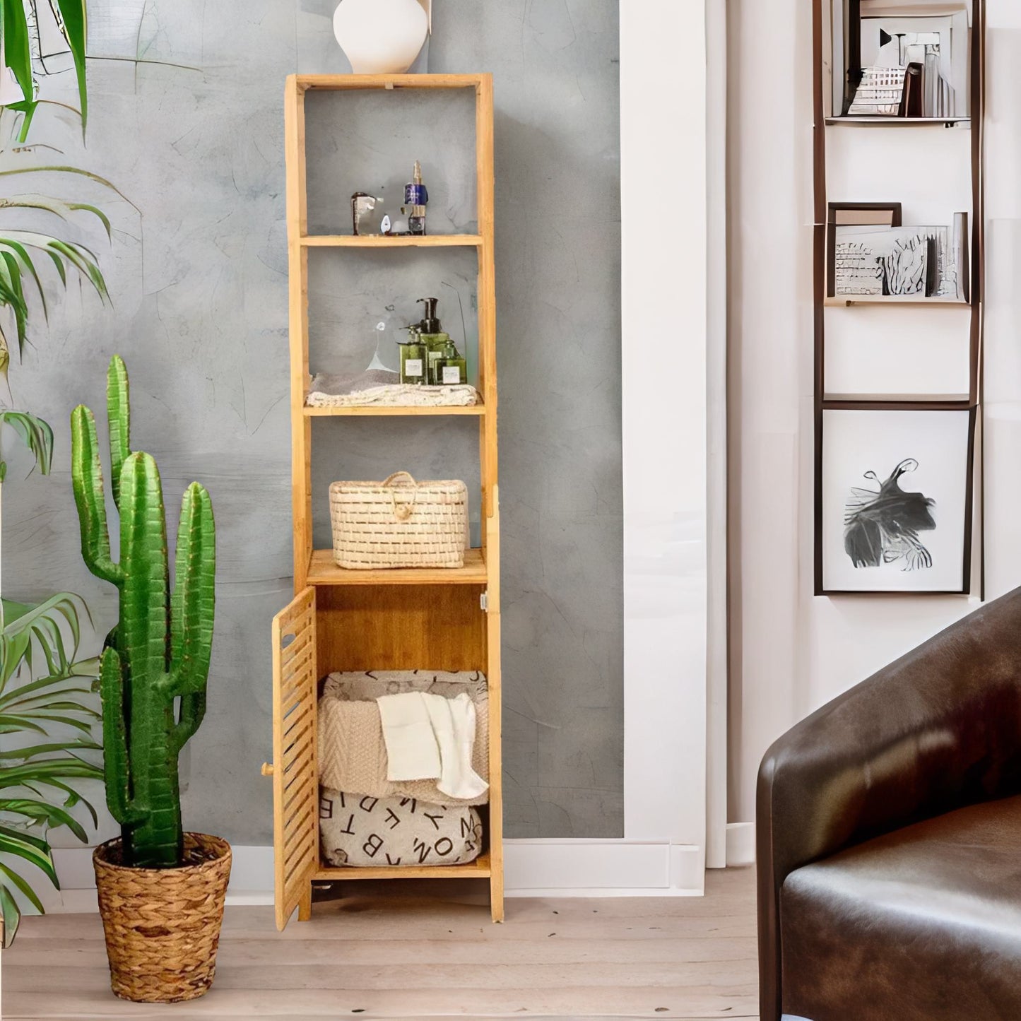 Tall Bathroom Storage Cupboard With 3 Shelves Natural Brown