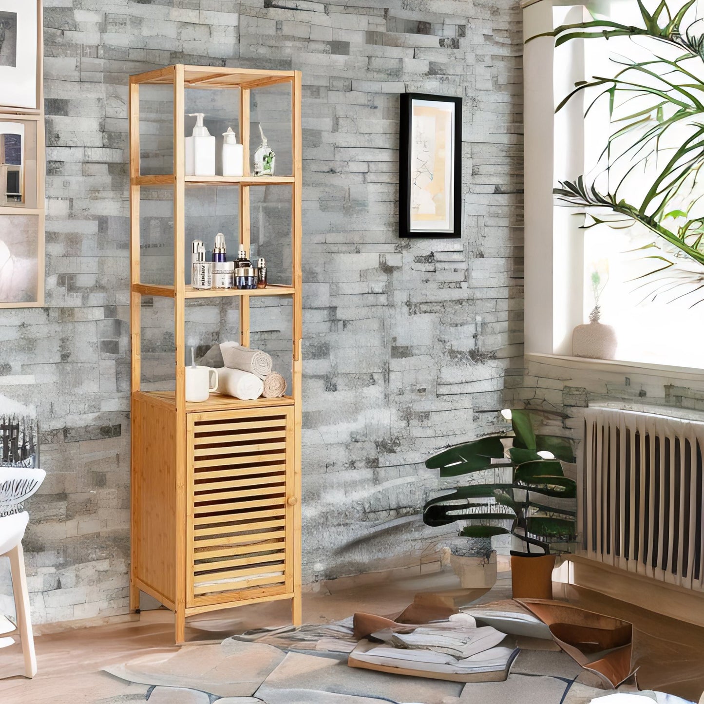 Tall Bathroom Storage Cupboard With 3 Shelves Natural Brown