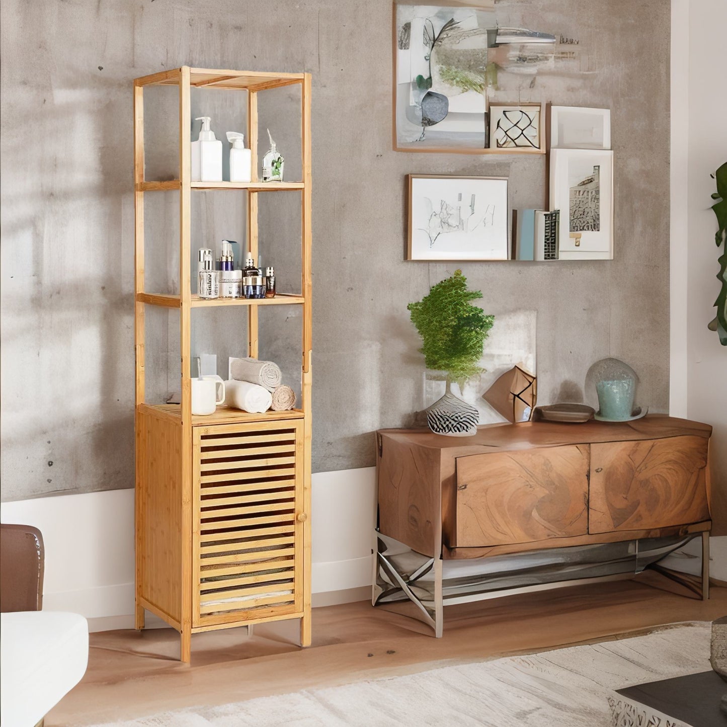 Tall Bathroom Storage Cupboard With 3 Shelves Natural Brown