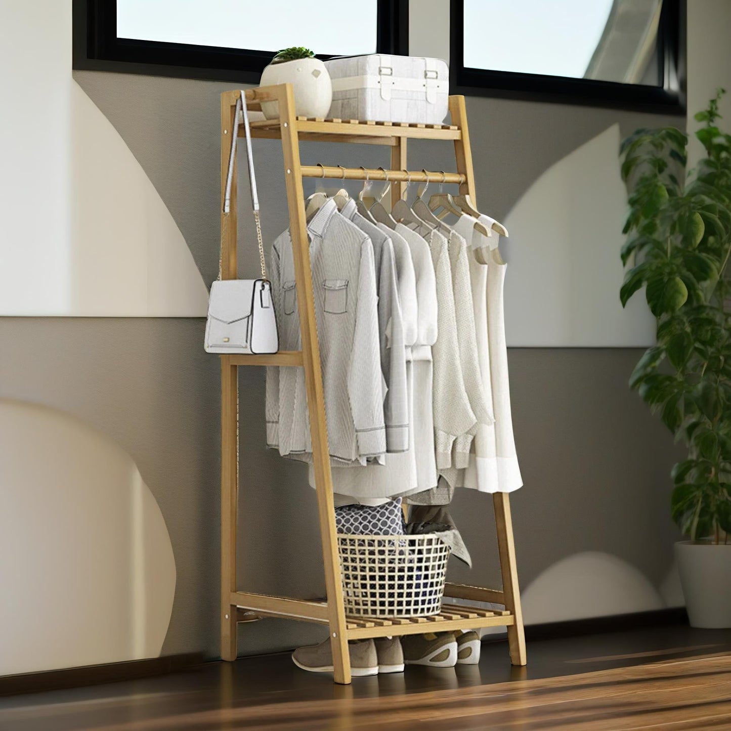Tall Wooden Clothing Rail With Shelves Brown