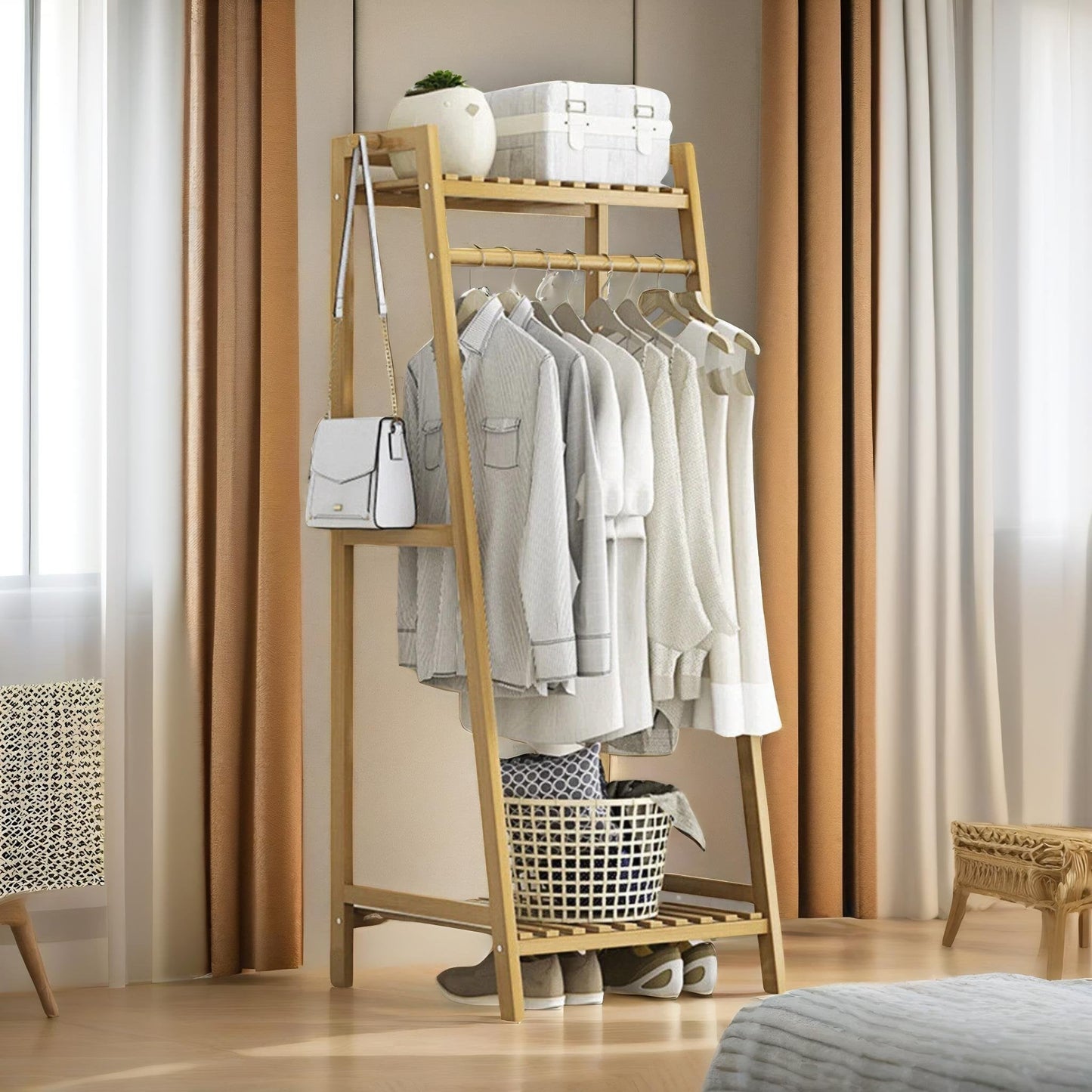 Tall Wooden Clothing Rail With Shelves Brown