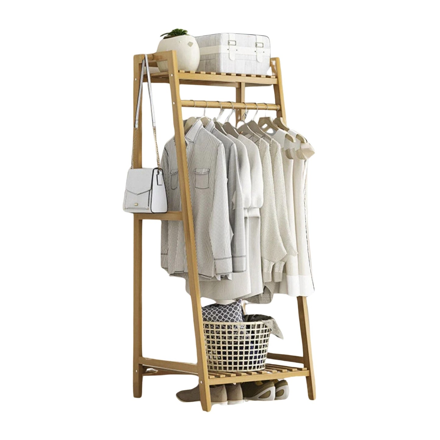 Tall Wooden Clothing Rail With Shelves Brown