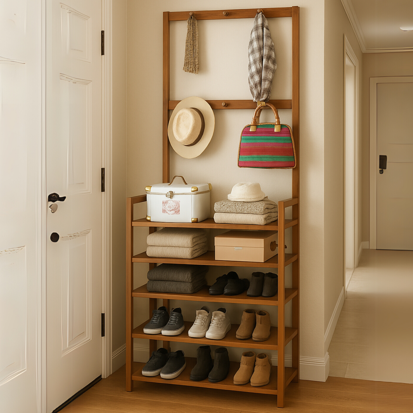 Wooden Clothes Rack With 12 Hooks & 5 Tier Shoe Storage