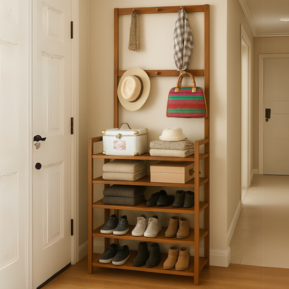 Wooden Clothes Rack With 12 Hooks & 5 Tier Shoe Storage