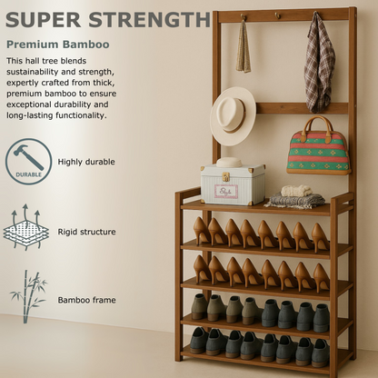 Wooden Clothes Rack With 12 Hooks & 5 Tier Shoe Storage