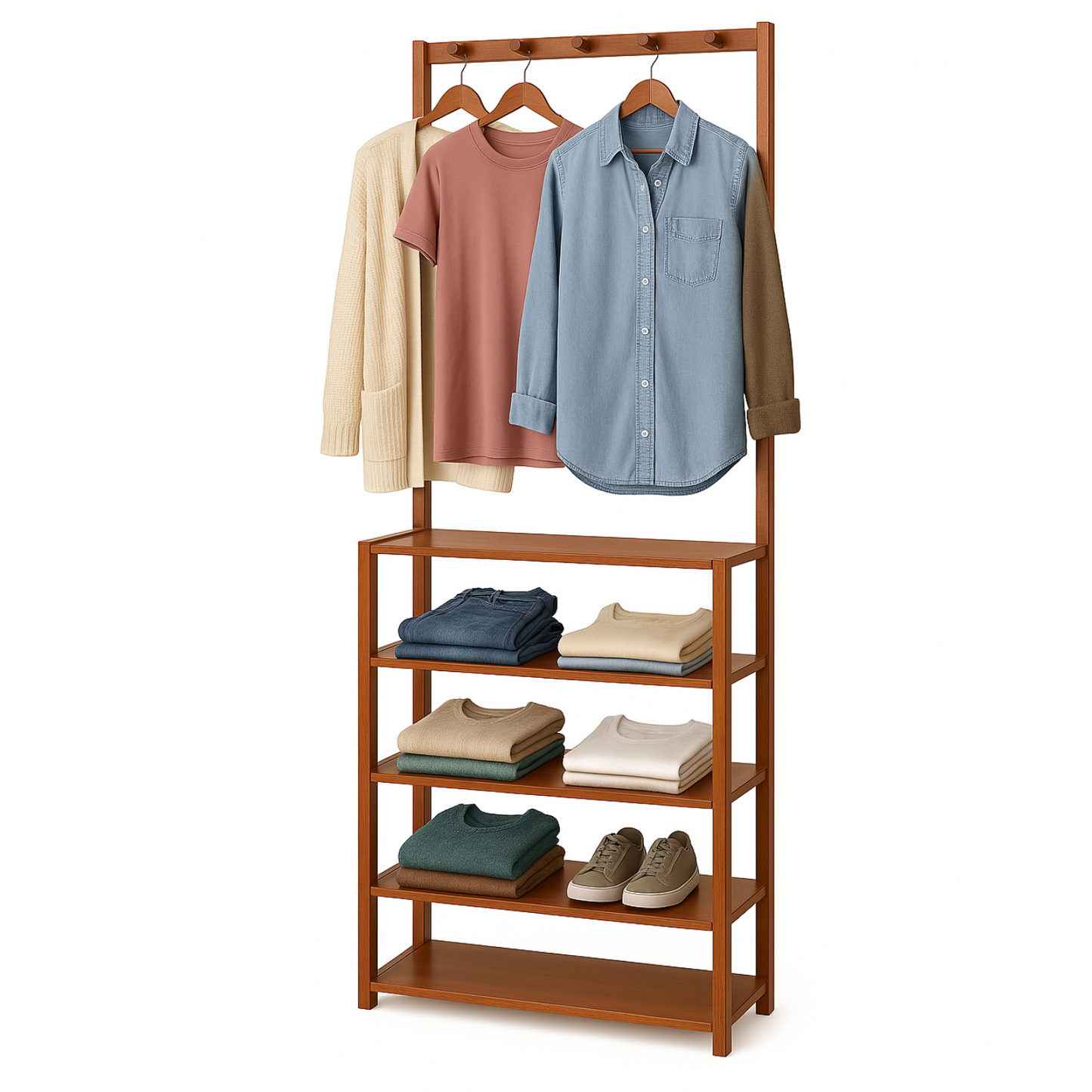 Wooden Clothes Rack With 12 Hooks & 5 Tier Shoe Storage