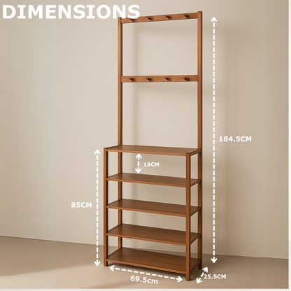 Wooden Clothes Rack With 12 Hooks & 5 Tier Shoe Storage