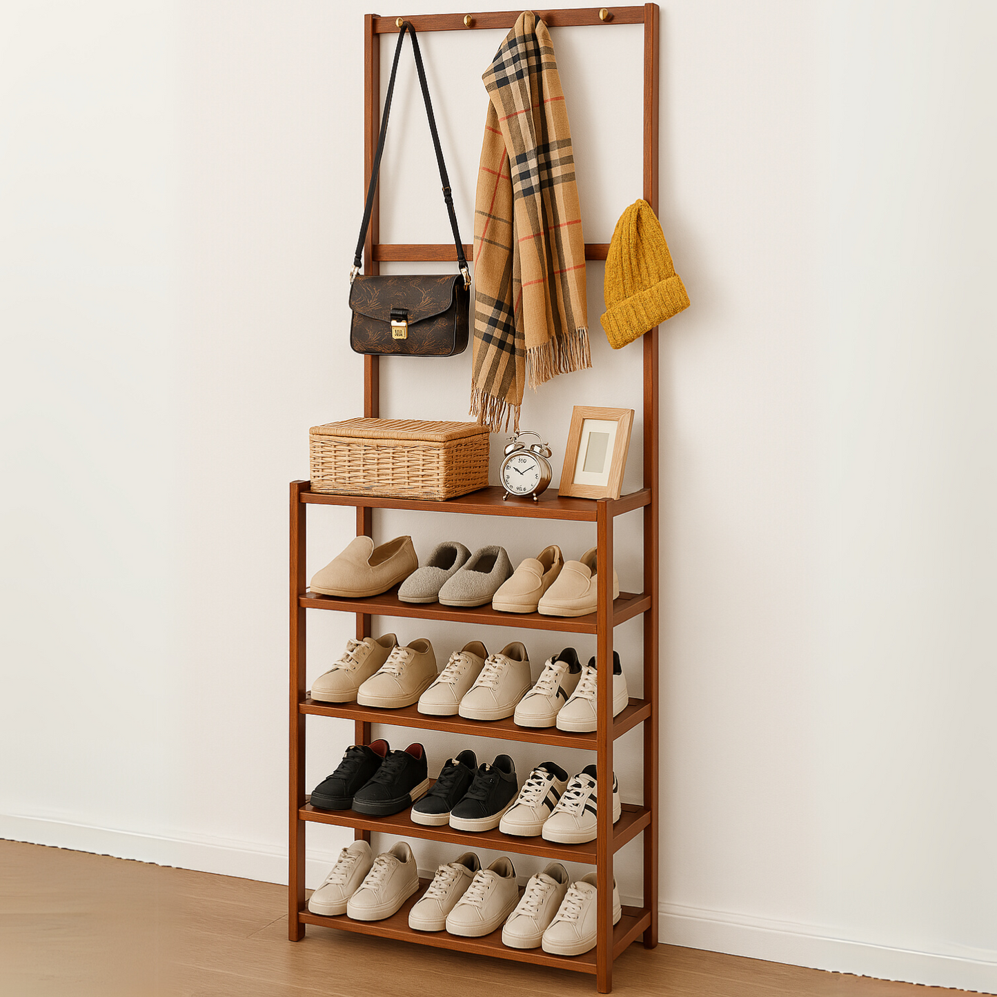 Wooden Clothes Rack With 12 Hooks & 5 Tier Shoe Storage