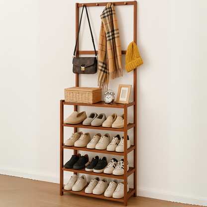 Wooden Clothes Rack With 12 Hooks & 5 Tier Shoe Storage