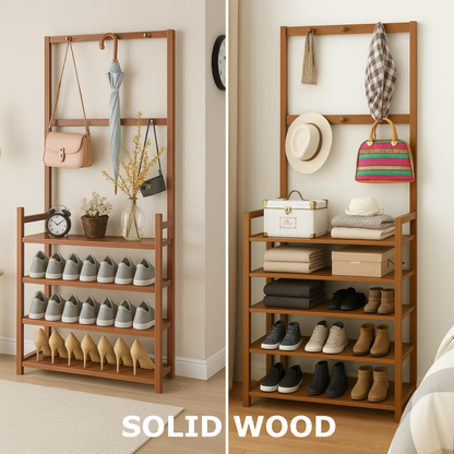 Wooden Clothes Rack With 12 Hooks & 5 Tier Shoe Storage