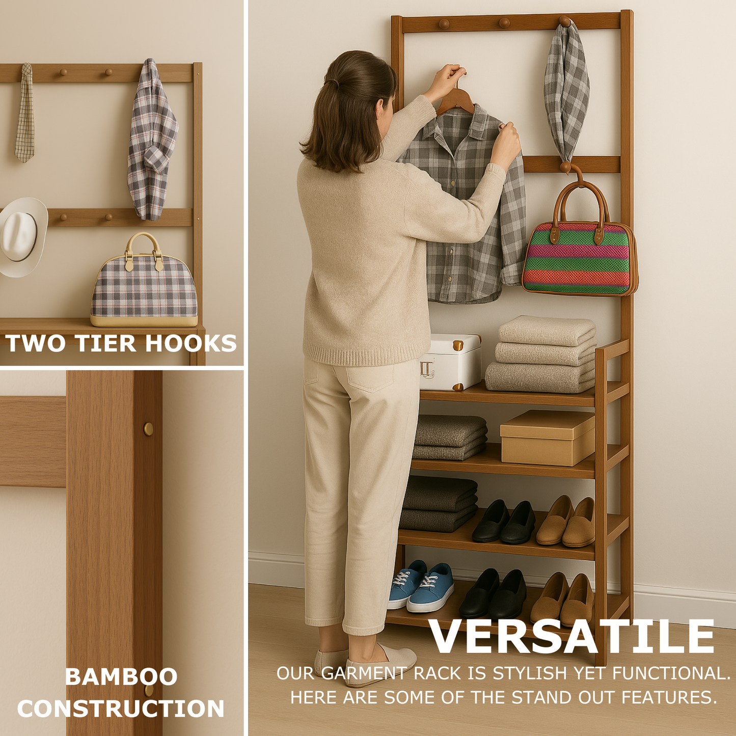Wooden Clothes Rack With 12 Hooks & 5 Tier Shoe Storage