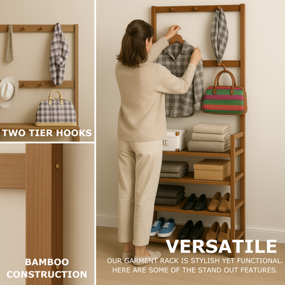 Wooden Clothes Rack With 12 Hooks & 5 Tier Shoe Storage