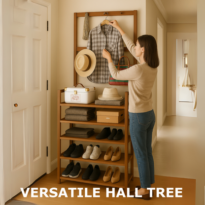 Wooden Clothes Rack With 12 Hooks & 5 Tier Shoe Storage