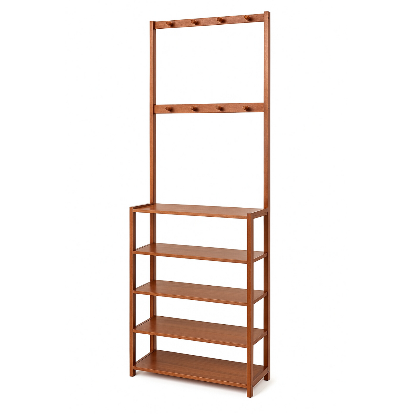 Wooden Clothes Rack With 12 Hooks & 5 Tier Shoe Storage