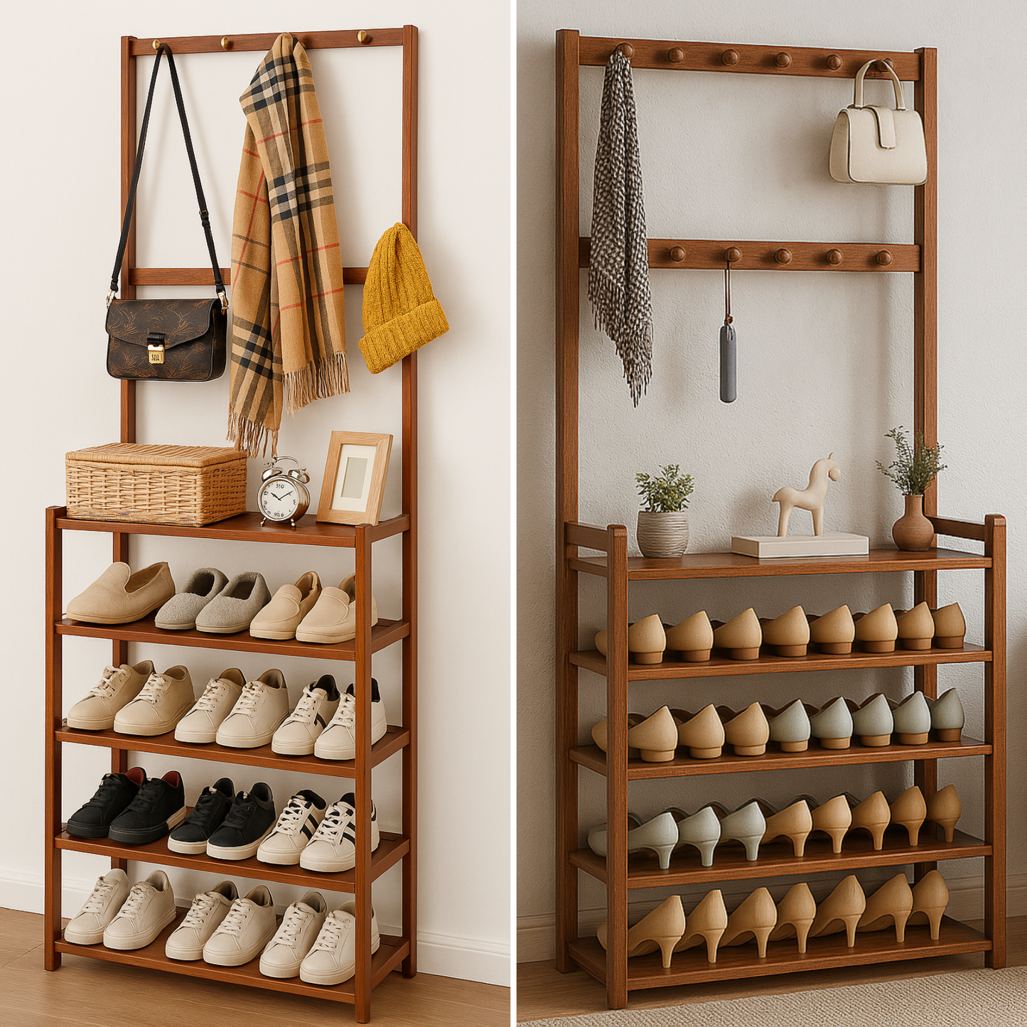 Wooden Clothes Rack With 12 Hooks & 5 Tier Shoe Storage